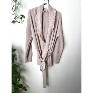 WILLOW DRIVE Women's Small S Cardigan Belted BEIGE Open Fringe Sweater